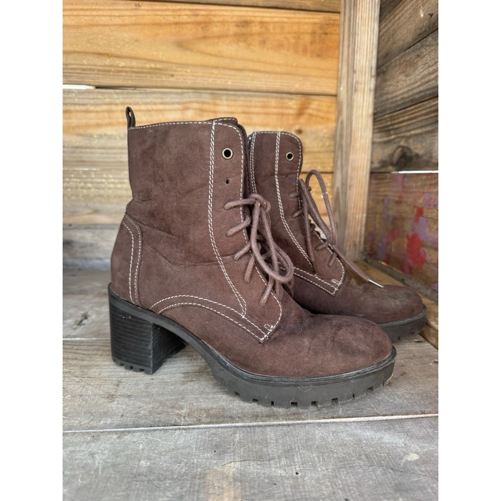 Sugar Women's Size 7.5 medium Brown Boots Platform Boots Chunky Heel Zip Up Lace